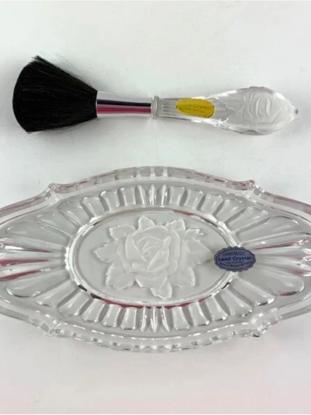 Crystal Makeup Tray with Rose Matching Brush - Black Bristles